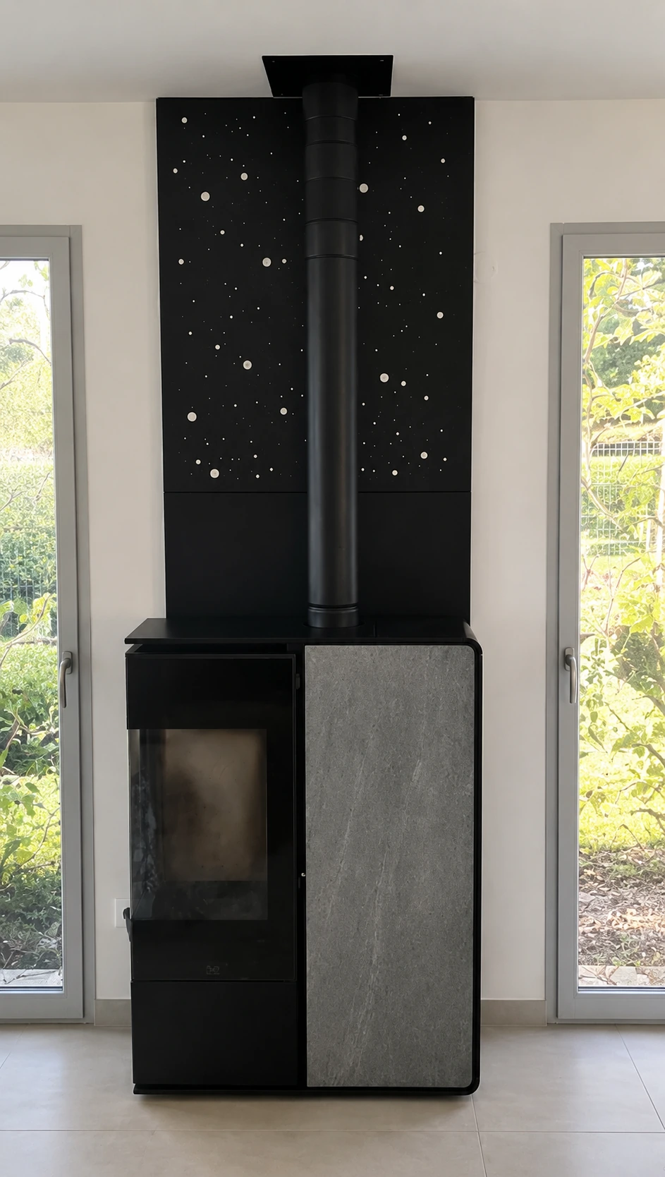 Poele noir et pierre grise devant un panneau metallique noir ajoure d'etoiles, entre deux baies vitrees donnant sur un jardin